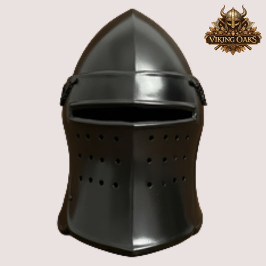 Black Barbute Helmet – Medieval Barbuta Armor with Display Stand for Reenactment, Cosplay & Costumes