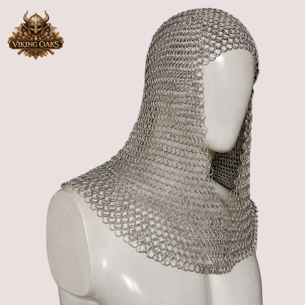 Aluminum Butted Chainmail V-Neck Coif – 10MM Ren Faire, LARP Viking & Halloween Costume Hood