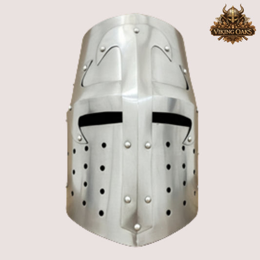 Crusader Helmet with Wooden Stand – Knights Templar Medieval Armor for Reenactment, LARP & Cosplay