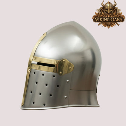 Sugarloaf Crusader Helmet with Wooden Stand – Silver Medieval Knight Armor Display