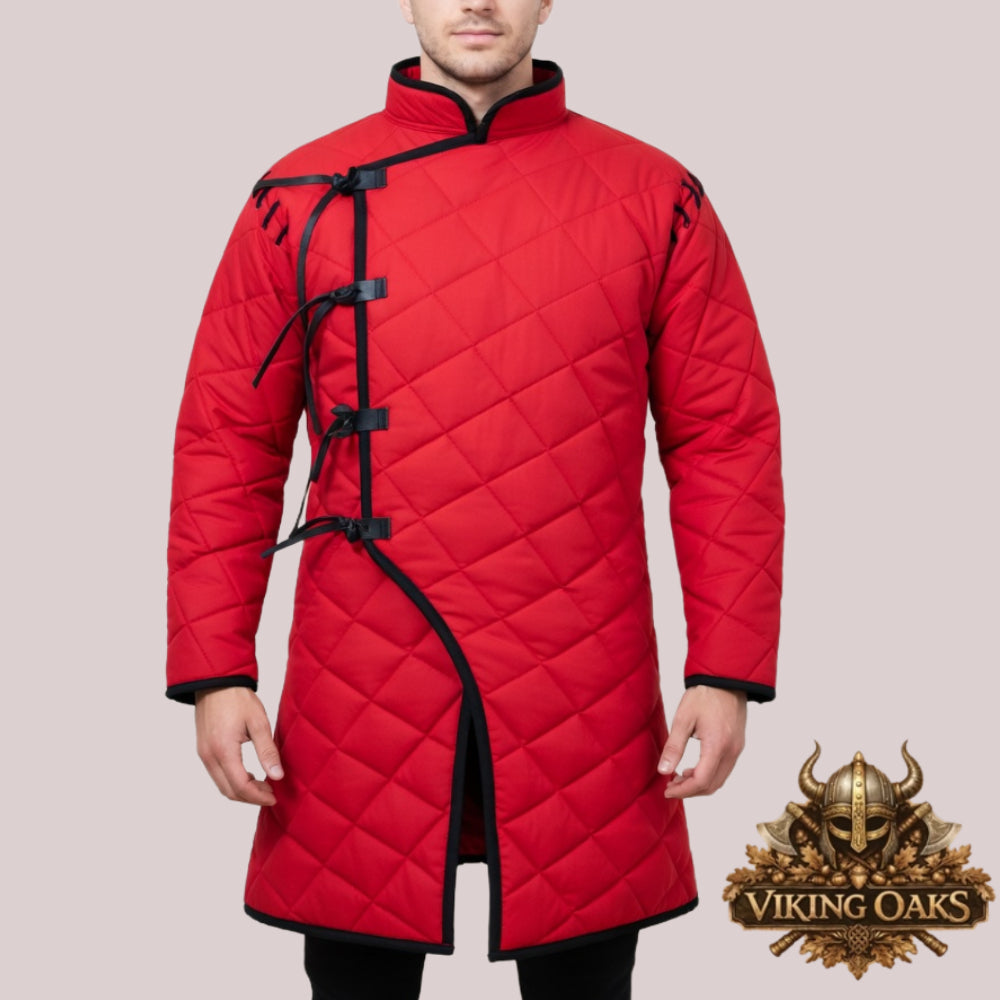 Medieval gambeson costume for men and women at Renaissance Faire with size chart details