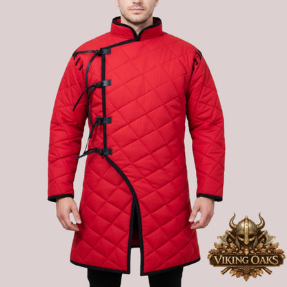 Medieval gambeson costume for men and women at Renaissance Faire with size chart details