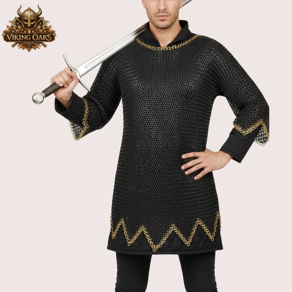 9MM Flat Chainmail Shirt Blackened Steel with Brass Trim Viking Costume for Ren Faire Events
