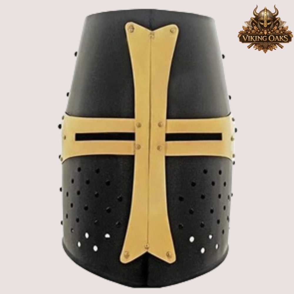 Black Crusader Helmet – Knights Templar Warrior Helm with Display Stand, Medieval Armor for LARP & Cosplay