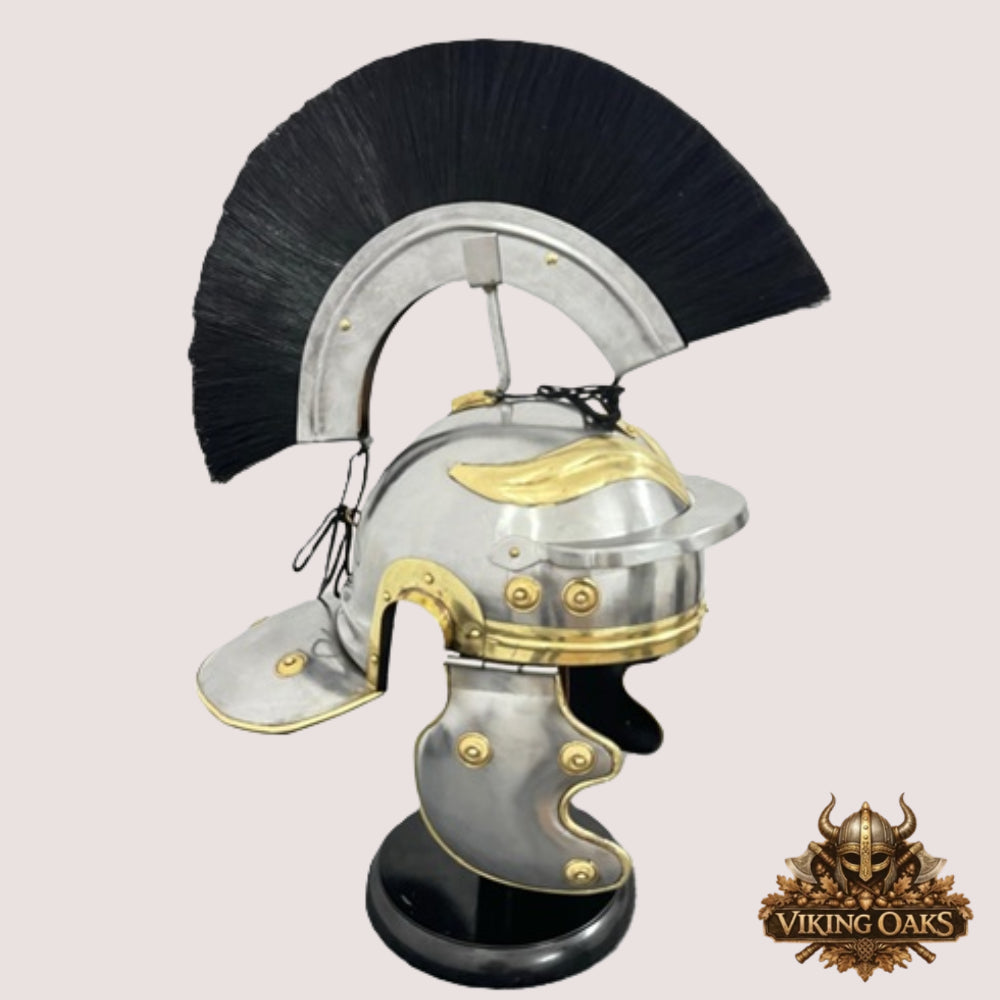Roman Centurion Helmet with Black Plume – Warrior Armor Helm with Display Stand for Décor & Cosplay