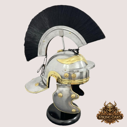 Roman Centurion Helmet with Black Plume – Warrior Armor Helm with Display Stand for Décor & Cosplay