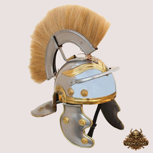 Roman Centurion Helmet with Brown Plume – Handmade Warrior Armor with Display Stand for Cosplay & Décor