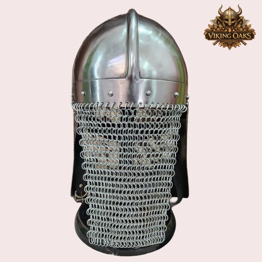 Raven Viking Helmet Norman Knight Chain Mail Helmet with Wooden Stand