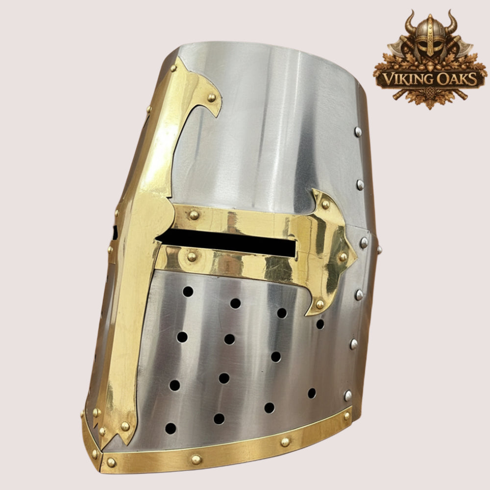 Crusader Helmet with Brass Trim – Knights Templar Medieval Armor for Reenactment, LARP & Cosplay