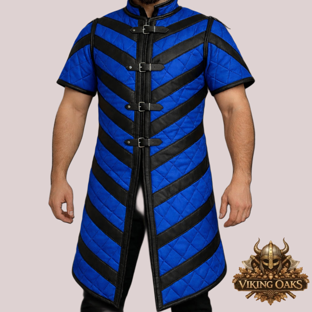 Blue Medieval Gambeson Tunic with Black Leather Trim for Viking Knight Reenactment