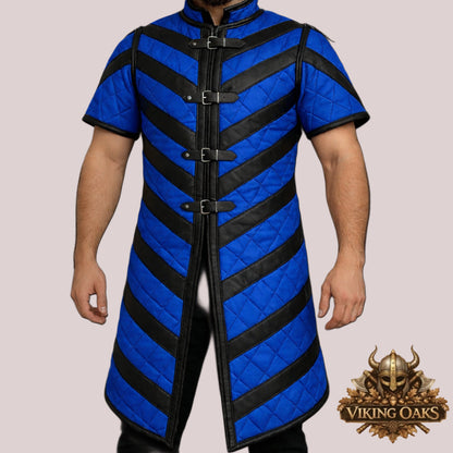 Blue Medieval Gambeson Tunic with Black Leather Trim for Viking Knight Reenactment