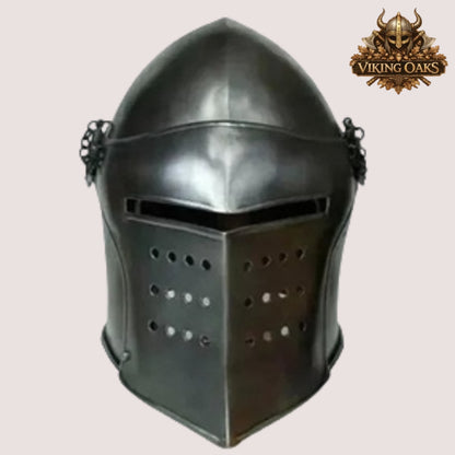 Black Barbute Helmet – Medieval Barbuta Armor with Display Stand for Reenactment, Cosplay & Costumes