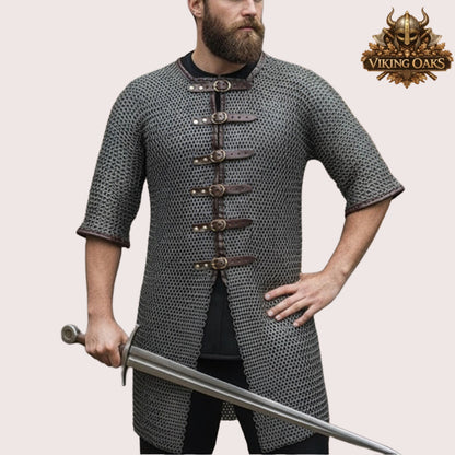 9MM Chainmail Hauberk Mild Steel Medieval Viking Front Open Shirt Half Sleeve Halloween Costume