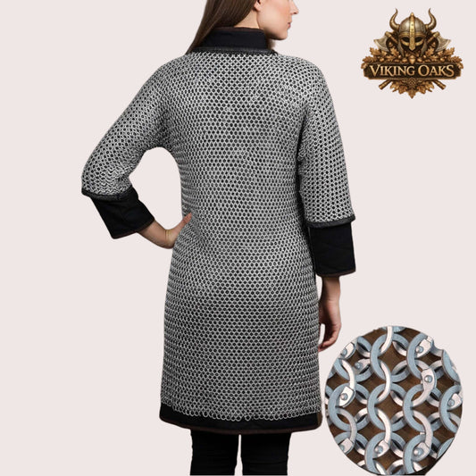 Dark Gray Aluminum Chainmail Long Hauberk 9mm Flat Rings Half Sleeve Front Open Easter Armor Costume