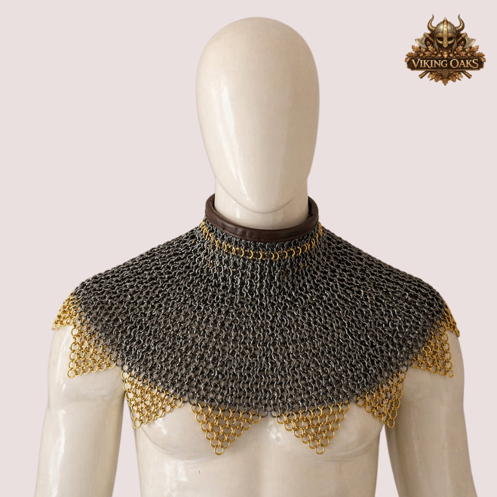 9mm Chainmail Gorget Flat Riveted Rings with Brass Zigzag Edge Medieval Collar Halloween Costume Armor