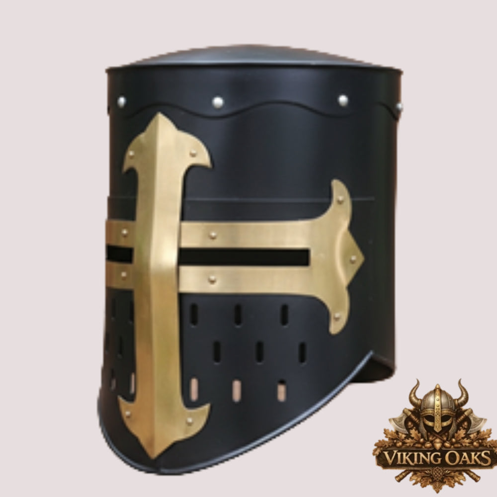 Black Knight Helmet with Wooden Stand – Medieval Armor Collectible Display Piece