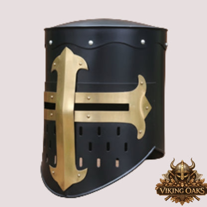 Black Knight Helmet with Wooden Stand – Medieval Armor Collectible Display Piece