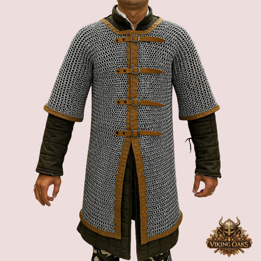 Chainmail Haubergeon, 9mm Flat Ring Riveted with Washer, Brown Leather Trim Trimmed Hauberk for LARP/SCA