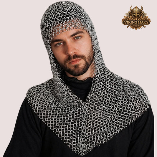 Butted Aluminum Chainmail Coif V-Neck – Silver Anodized Medieval Renfaire Hood