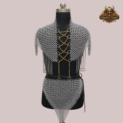 Aluminum Chainmail Halter Top with Skirt Set – 10MM Butted Ring Armor Costume for Cosplay, Renaissance Faire & Festival Wear