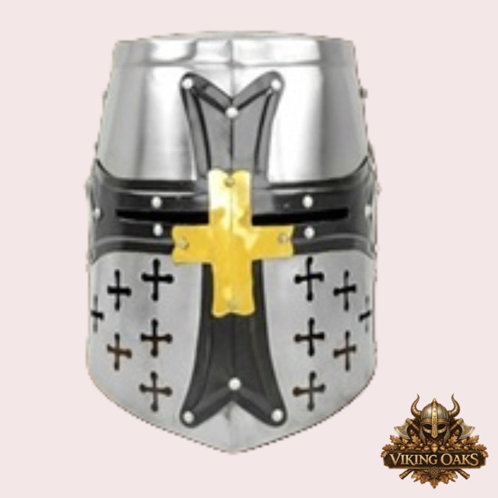 Templar Knight Helmet with Chainmail Coif & Stand Medieval Armour Set