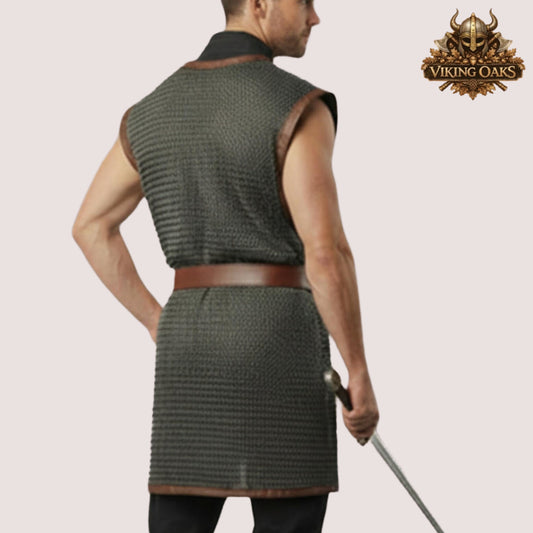 9MM Sleeveless Chainmail Hauberk Round Riveted Aluminum Armor with Brown Leather Trim
