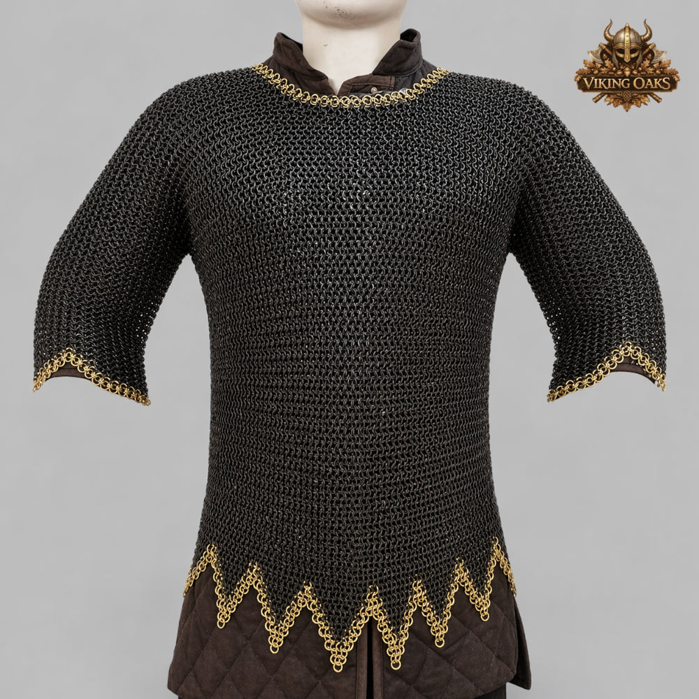 9MM Flat Ring Chainmail Shirt Blackened Steel Brass Trim Viking Armor Costume