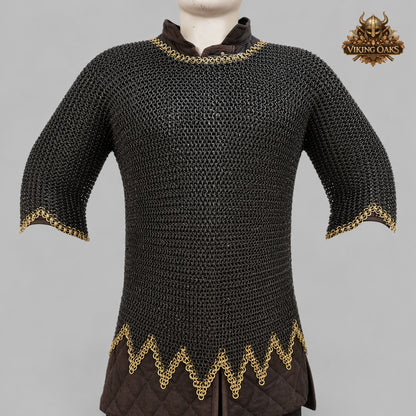 9MM Flat Ring Chainmail Shirt Blackened Steel Brass Trim Viking Armor Costume