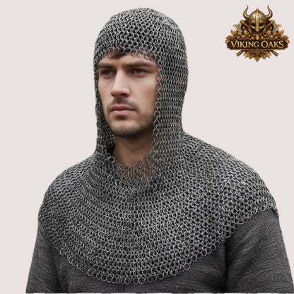 9MM Round Riveted Chainmail Coif Medieval Hood Ren Faire Costume