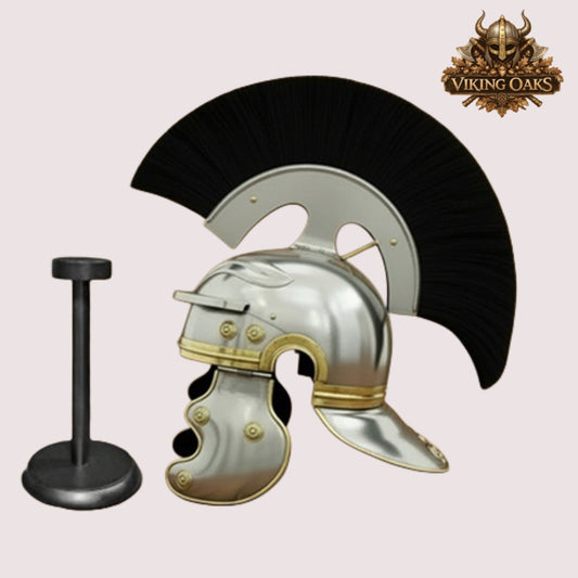 Roman Centurion Helmet black hair – Warrior Armor Helmet with Wooden Display Stand