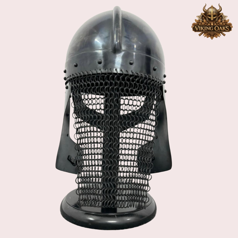 Raven Viking Helmet Norman Knight Chain Mail Helmet with Wooden Stand