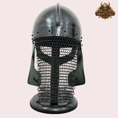 Raven Viking Helmet Norman Knight Chain Mail Helmet with Wooden Stand