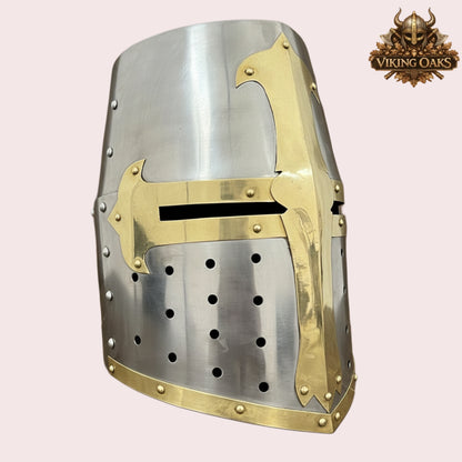 Medieval Crusader Helmet with Chainmail Coif & Stand Knight Armour Costume Set