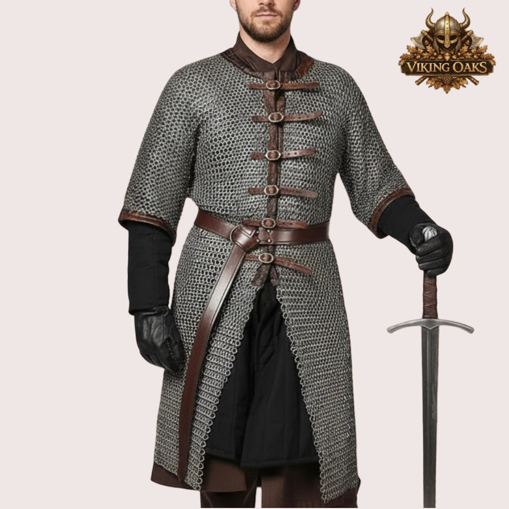 8MM Mild Steel Chainmail Hauberk Half Sleeve Flat Riveted Front Open Shirt Halloween Costume