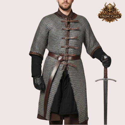 8MM Mild Steel Chainmail Hauberk Half Sleeve Flat Riveted Front Open Shirt Halloween Costume