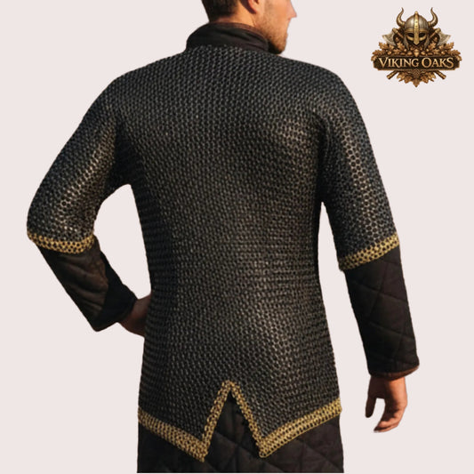 9mm Riveted Flat Ring Chainmail Haubergeon Viking Shirt with Brass Trim for Events