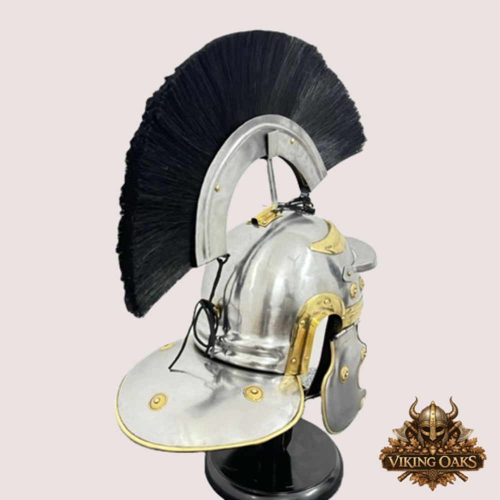 Roman Centurion Helmet with Black Plume – Warrior Armor Helm with Display Stand for Décor & Cosplay
