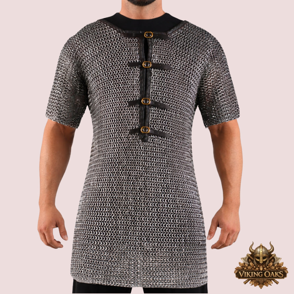 9MM Chainmail Shirt Front Open Half Sleeve Riveted Flat Ring Medieval Armor