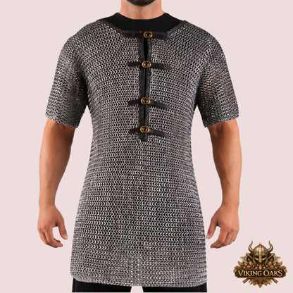 9MM Chainmail Shirt Front Open Half Sleeve Riveted Flat Ring Medieval Armor