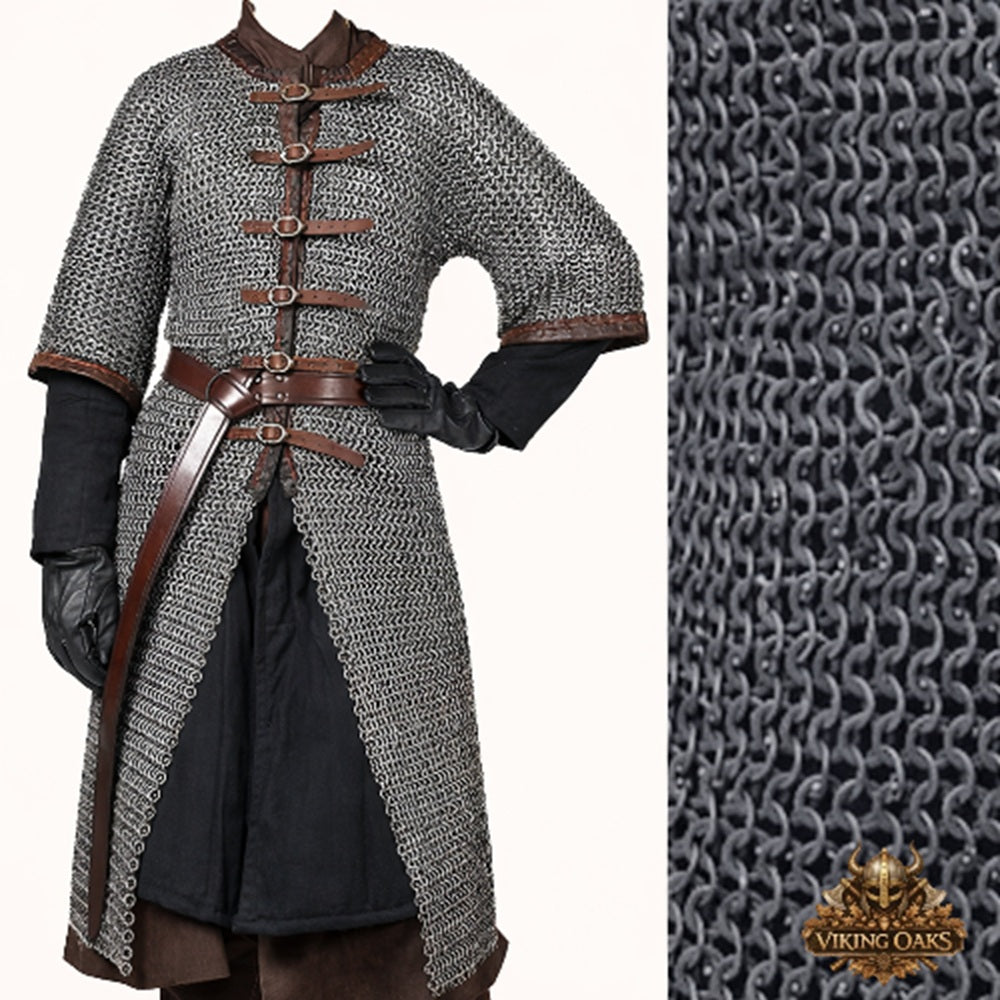 8mm Mild Steel Chainmail Hauberk – Flat Riveted Half Sleeve Front Open Armor Shirt