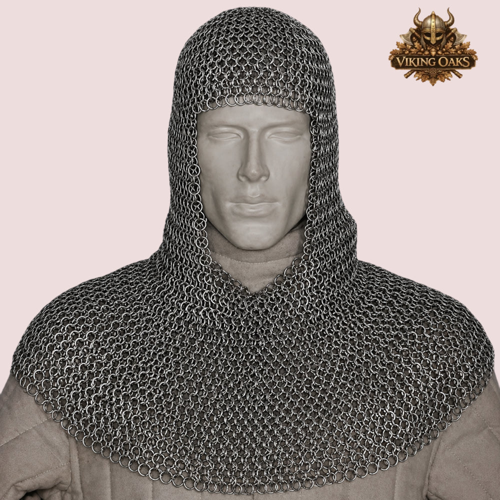 Chainmail Haubergeon, 9mm Flat Ring Riveted with Washer, Brown Leather Trim Trimmed Hauberk for LARP/SCA
