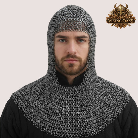 9MM Round Riveted Chainmail Coif Medieval Hood Ren Faire Costume