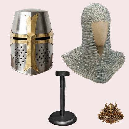 Silver Crusader Helmet with Chainmail Coif & Stand Medieval Knight Armour Set