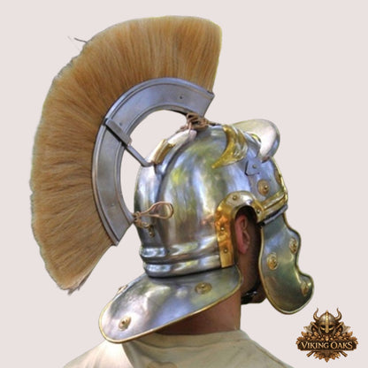Roman Centurion Helmet with Brown Plume – Handmade Warrior Armor with Display Stand for Cosplay & Décor