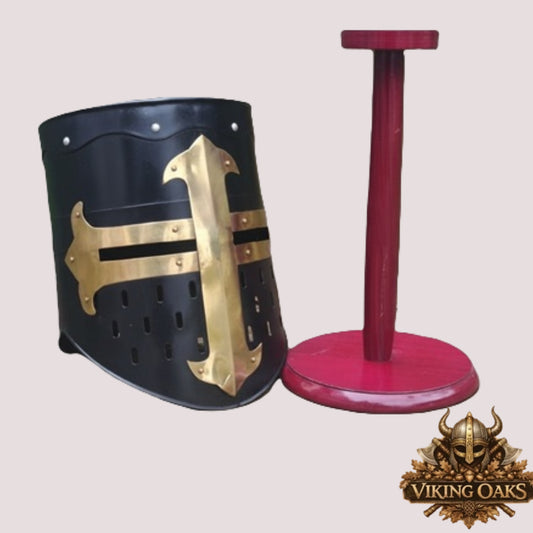 Black Knight Helmet with Wooden Stand – Medieval Armor Collectible Display Piece