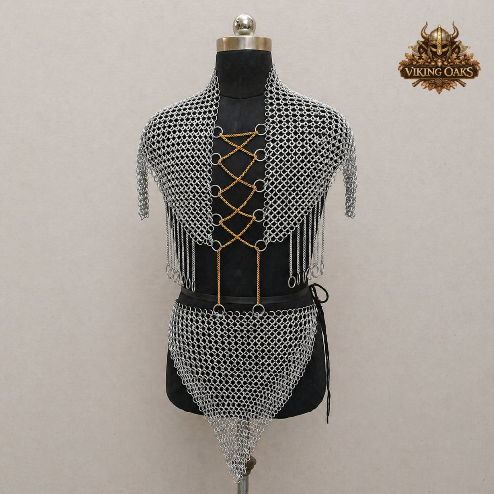 Aluminum Chainmail Halter Top with Skirt Set – 10MM Butted Ring Armor Costume for Cosplay, Renaissance Faire & Festival Wear