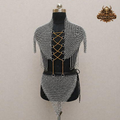 Aluminum Chainmail Halter Top with Skirt Set – 10MM Butted Ring Armor Costume for Cosplay, Renaissance Faire & Festival Wear