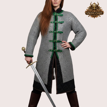 Dark Gray Aluminum Chainmail Hauberk 9MM Flat Ring Full Sleeve Front Open Halloween Costume