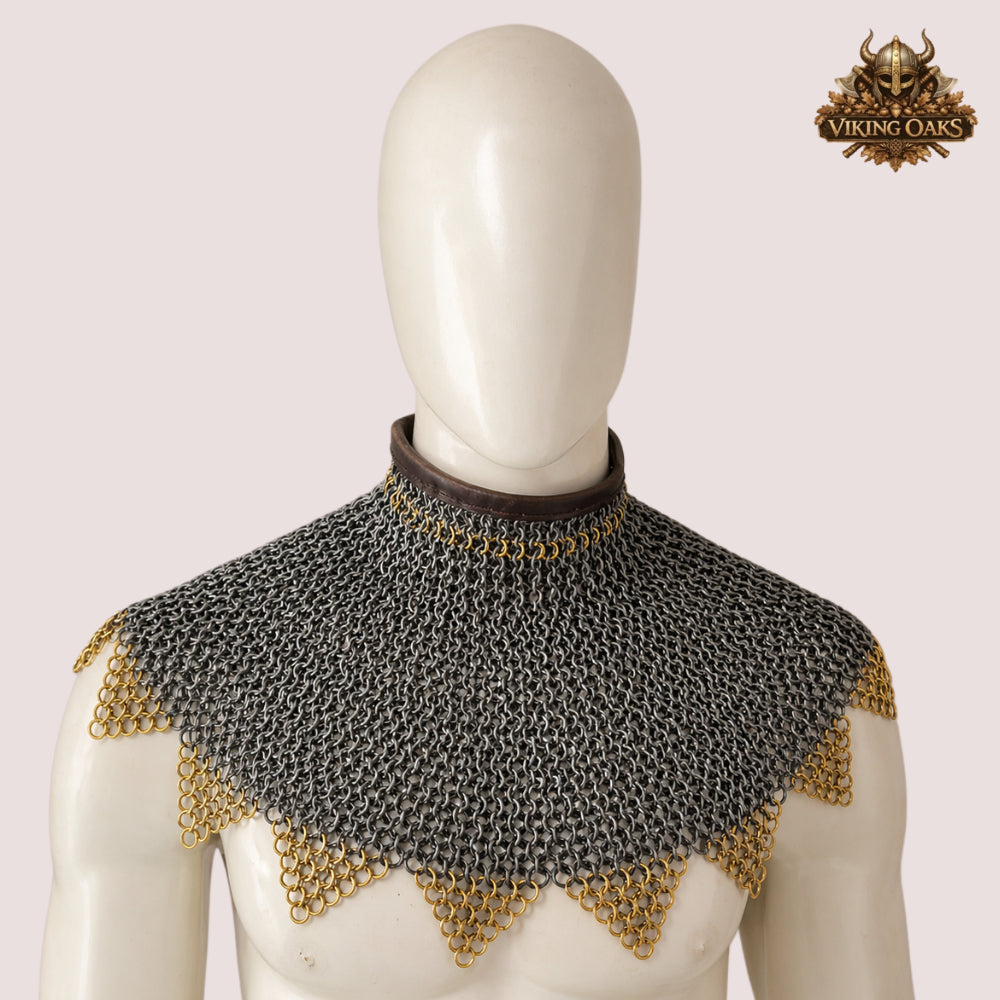 9mm Chainmail Gorget Flat Riveted Rings with Brass Zigzag Edge Medieval Collar Halloween Costume Armor