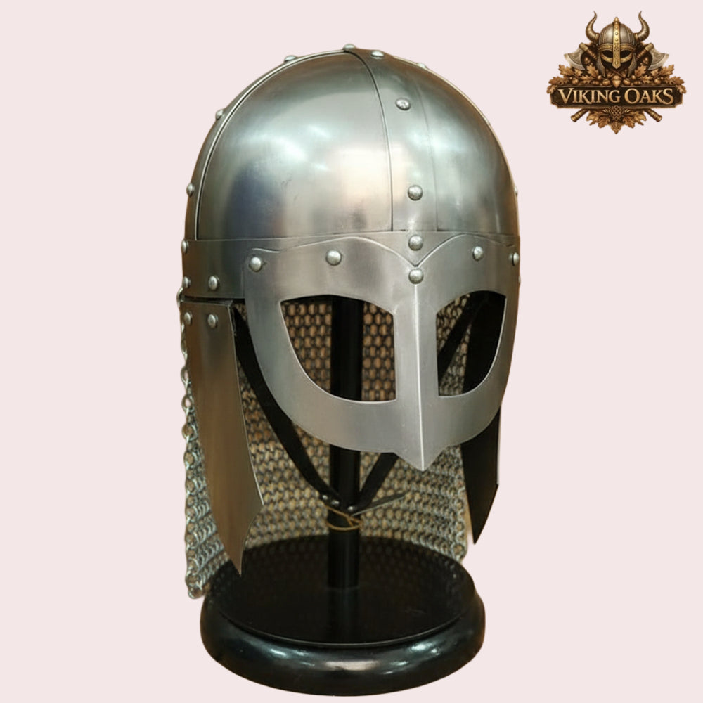 Viking Vendel Spectacle Helmet with Chainmail & Wooden Stand | Norse Armour Helmet